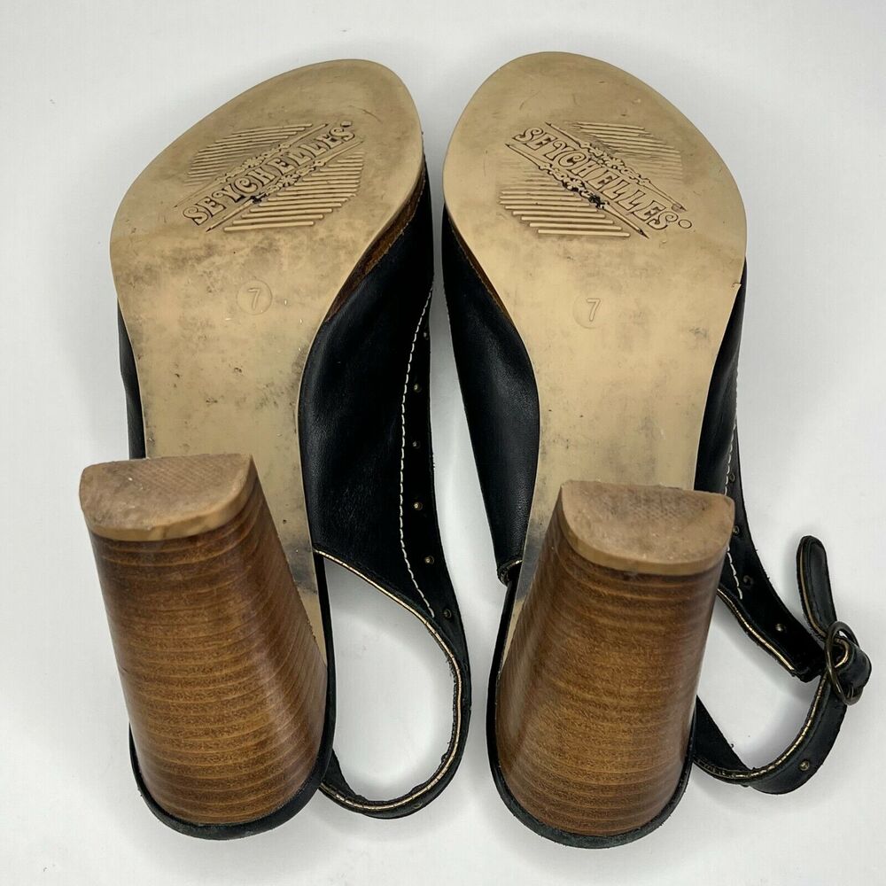 Seychelles Size 7 Singback Open Toe‎ Black Leather Wood Block Heel Studded - Picture 10 of 11